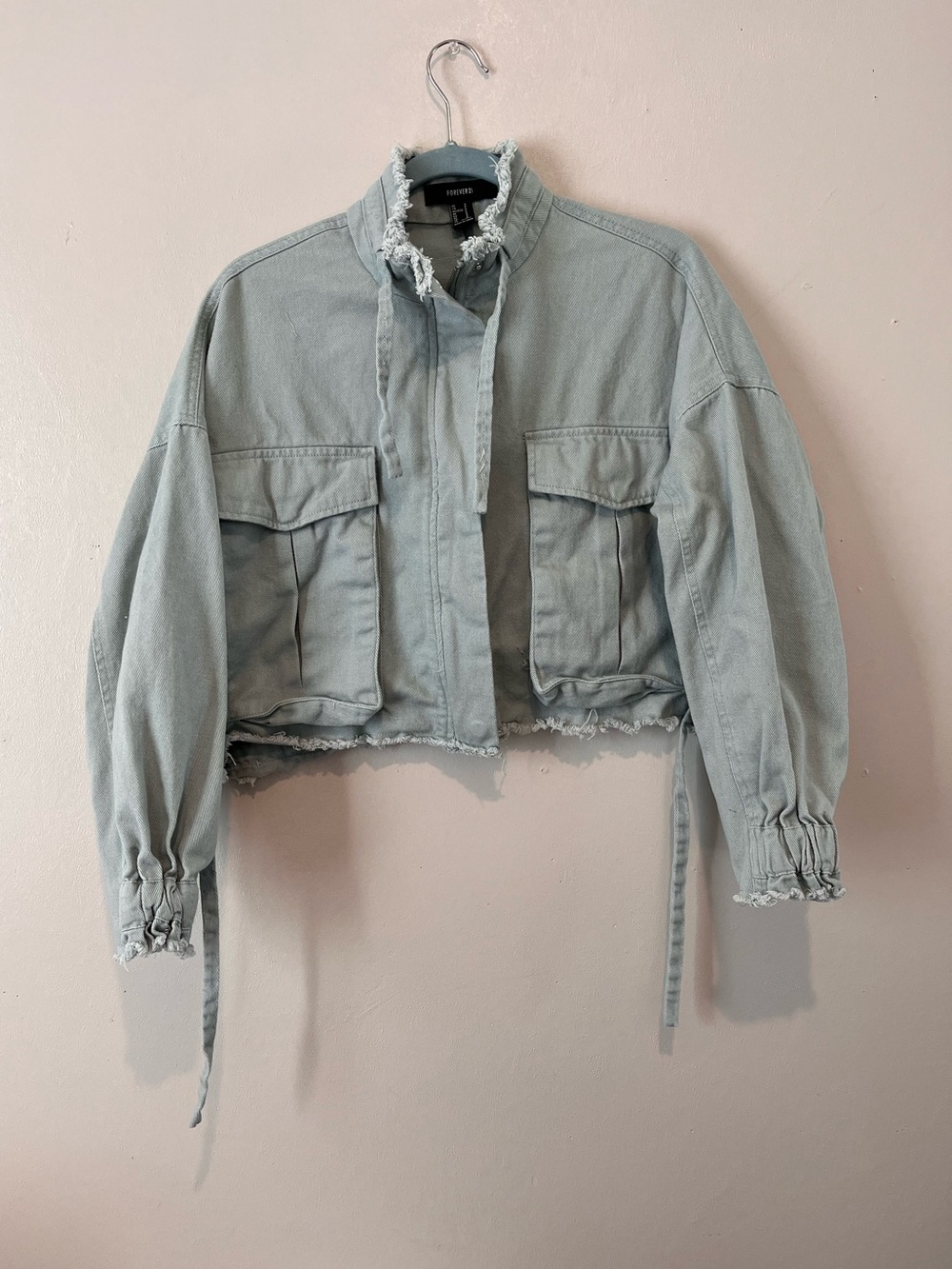 Forever 21 Cropped Mint Green Denim Jacket Baggy Raw Hem Distressed Small